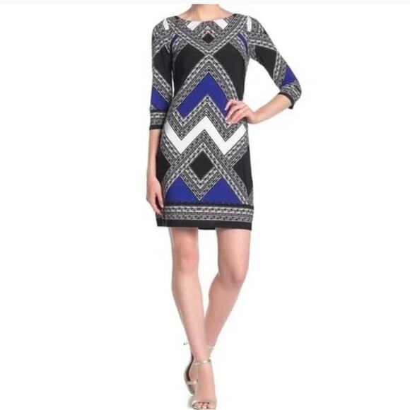Vince Camuto Allover Geo Print Sheath Dress 3/4 Sleeves Boatneck Size 10 NWT - Picture 1 of 6